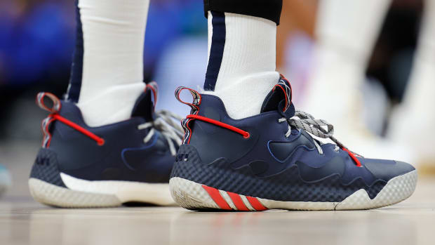 Philadelphia 76ers guard James Harden wearing the Adidas Harden Vol. 6.
